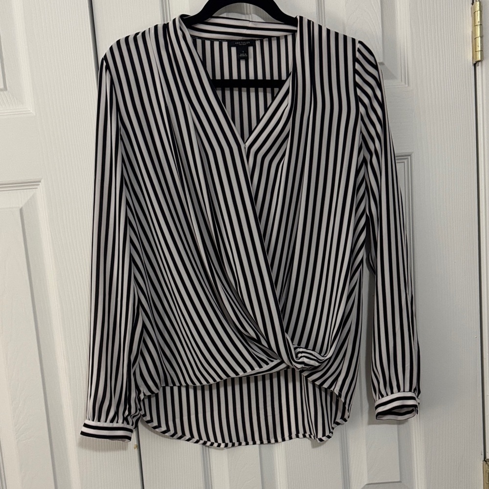 Ann Taylor Black, Pink & White Vertical Stripe Twist-Front Blouse